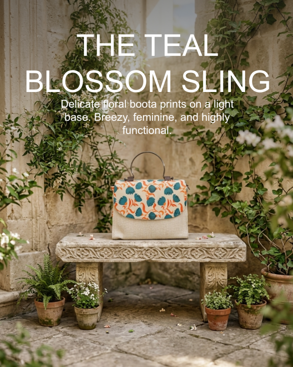 The Teal Blossom Sling — White & Teal Floral Handloom Bag